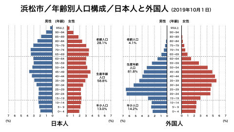浜松市／外国人の人口ピラミッド（年齢別人口構成）（2020年）