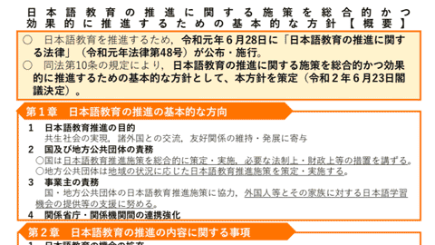 日本語教育の推進に関する施策を総合的かつ効果的に推進するための基本的な方針（2020年６月23日閣議決定）の内容