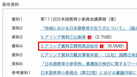 日本語教育小委員会／第112回（2022年６月21日）／配布資料で浜松市のヒアリング資料が公開されています